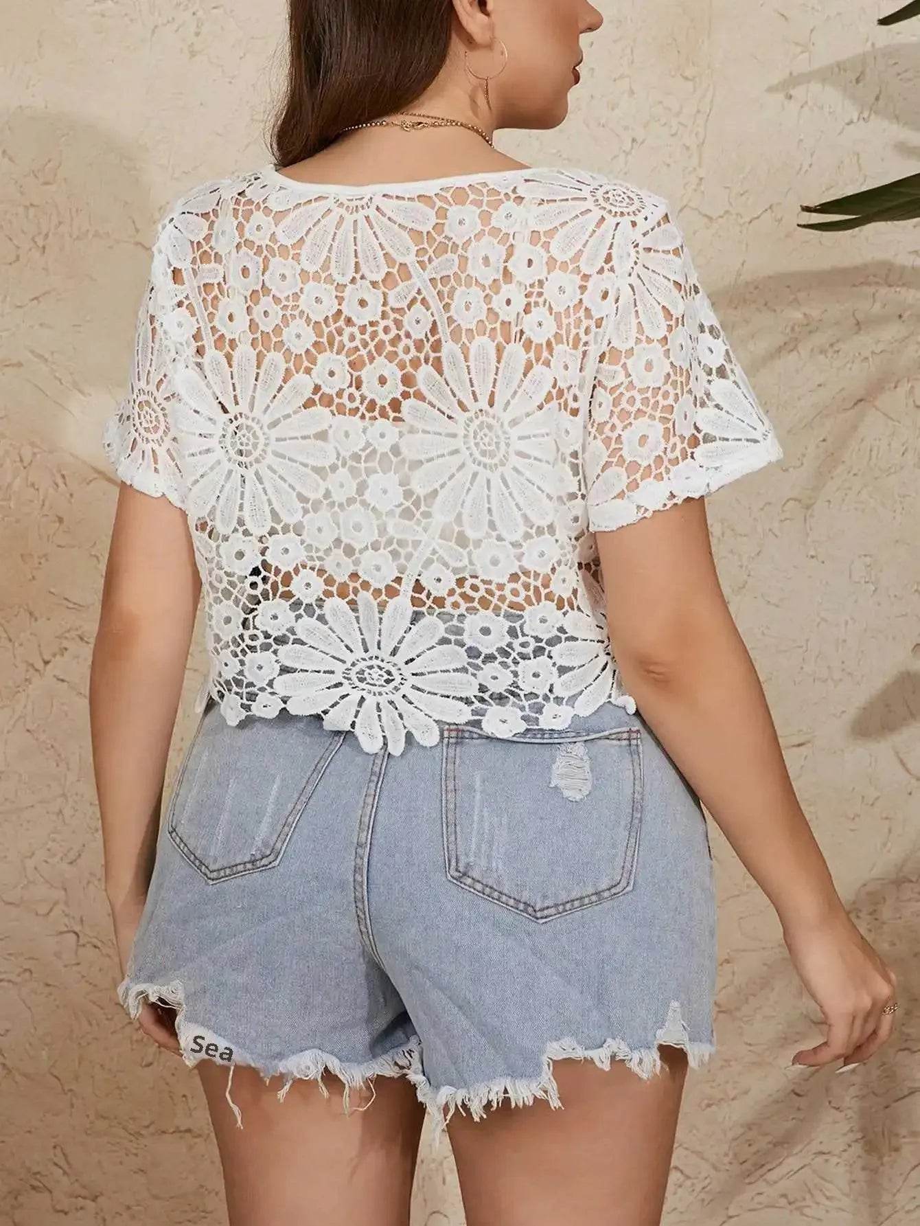 Women’s Plus Size Lace Short Sleeve Shirt – Chic Summer Style - MODISH X