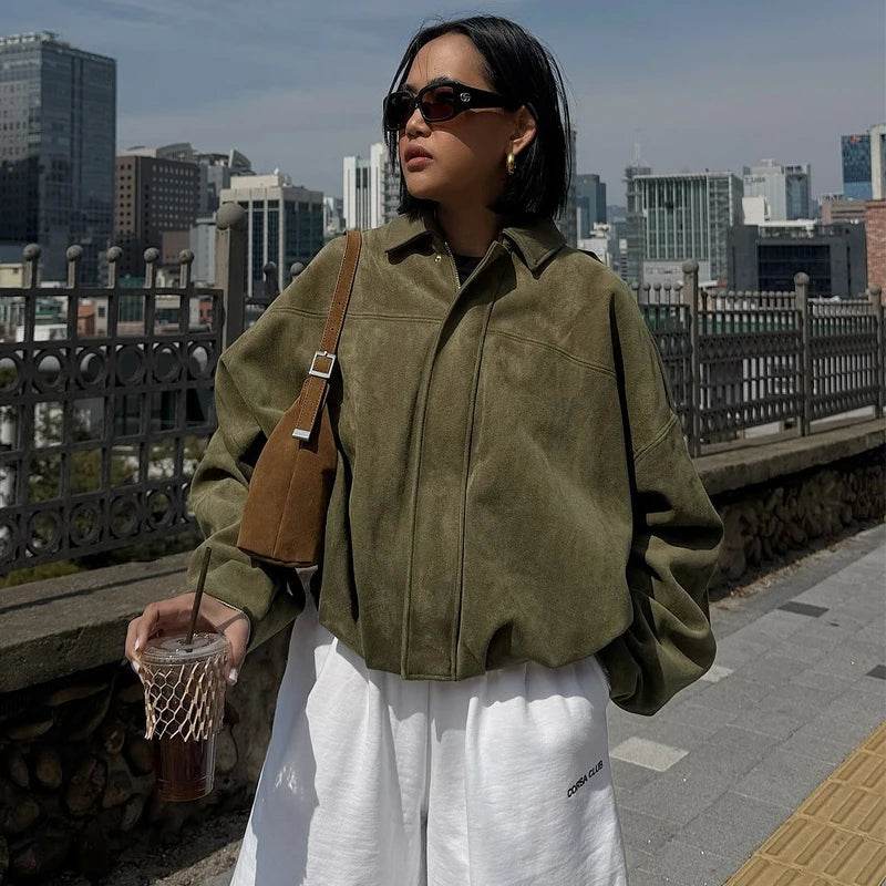 Women’s High Street Cropped Racing Jacket – Suede-Look, Bold & Trendy - MODISH X