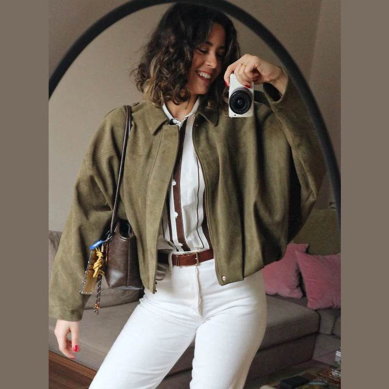 Women’s High Street Cropped Racing Jacket – Suede-Look, Bold & Trendy - MODISH X