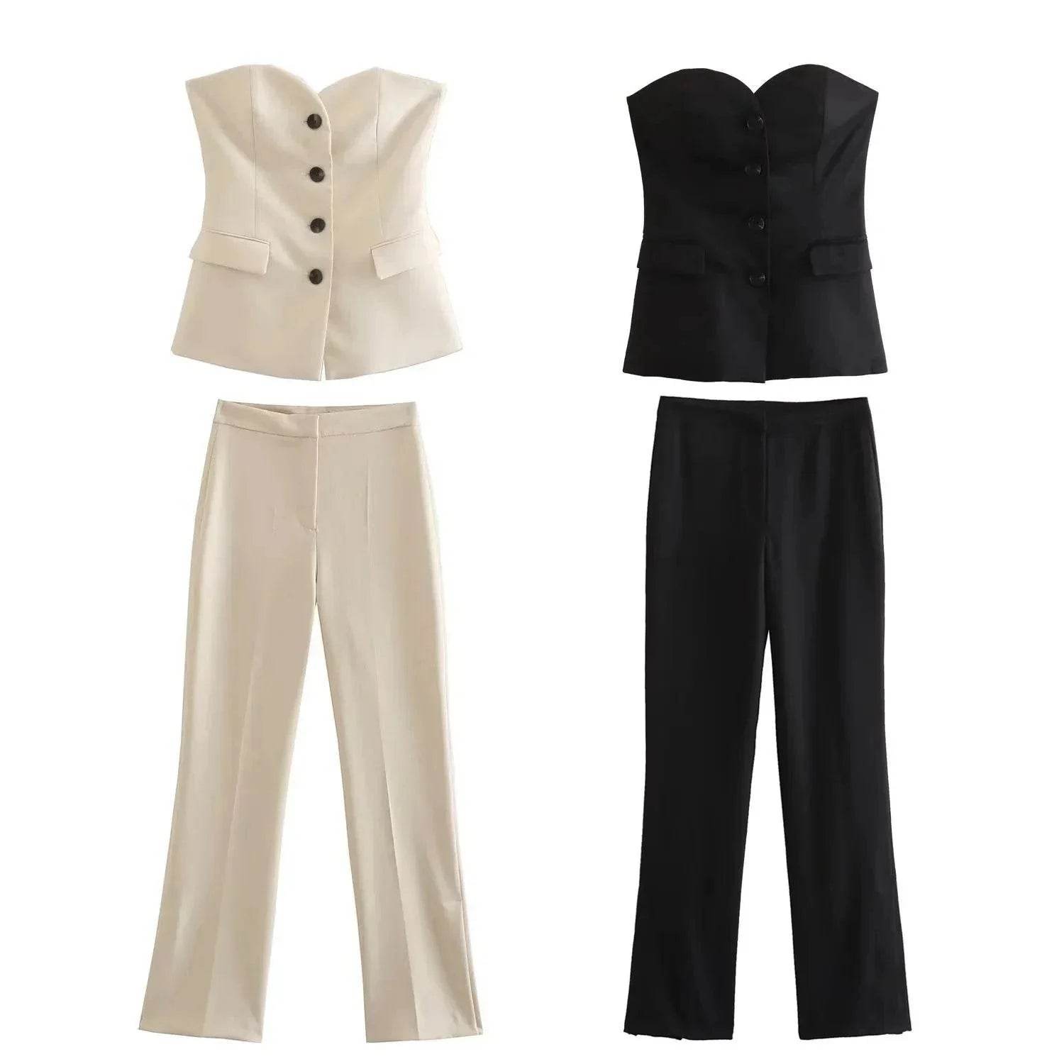 Women’s Elegant Front Button Strapless Pant Suit Set – Chic & Classy - MODISH X