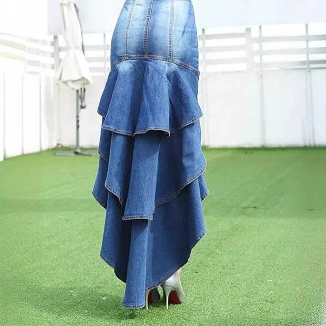 Women’s High-Low Waist Ruffled Denim Skirt – Stylish UK Fashion - MODISH X