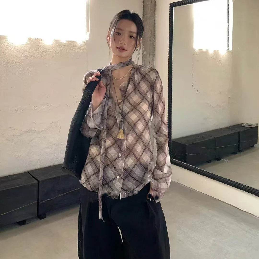 Women’s Check Print Brown Mesh Shirt – Vintage 90s Style Statement - MODISH X