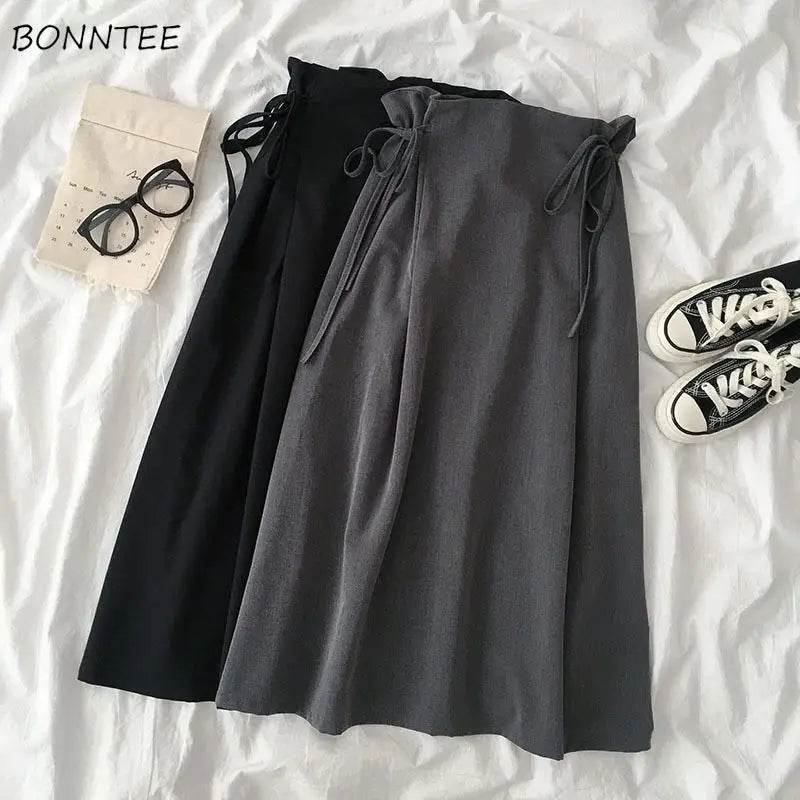 Women’s Korean A-Line Midi Skirt – High-Waist Lace-Up Design & Chic - MODISH X