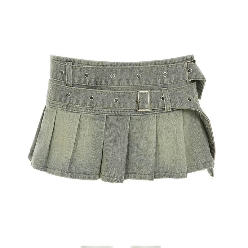 Women’s Vintage Low Waist Denim Skirt with Statement Belt – Chic Style - MODISH X