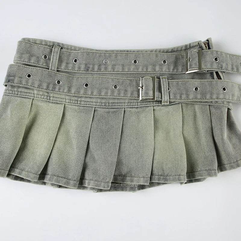 Women’s Vintage Low Waist Denim Skirt with Statement Belt – Chic Style - MODISH X