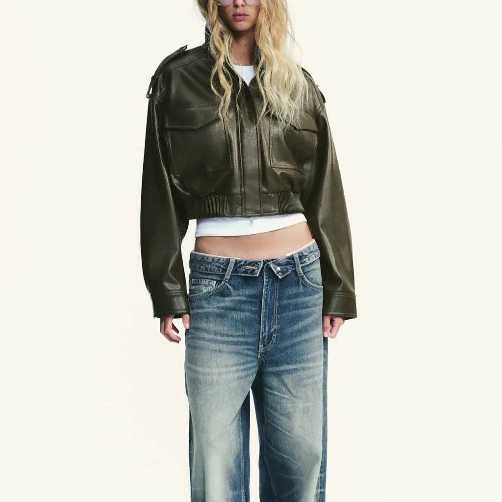 Women’s Faux Leather Cropped Bomber Jacket – Moto Edge Style - MODISH X