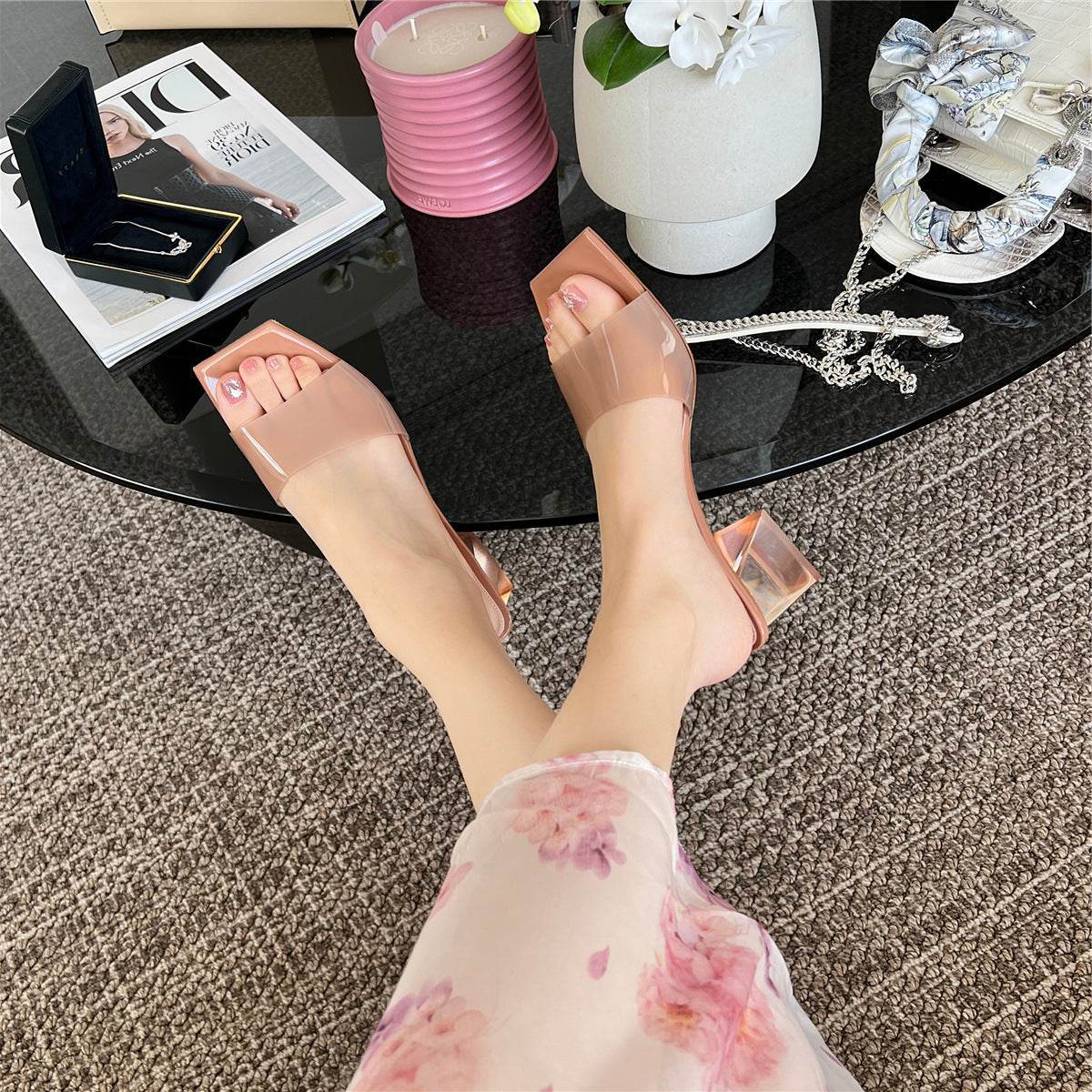 Transparent Crystal Chunky Heels – Retro & Eye-Catching Square-Toe Heels - MODISH X