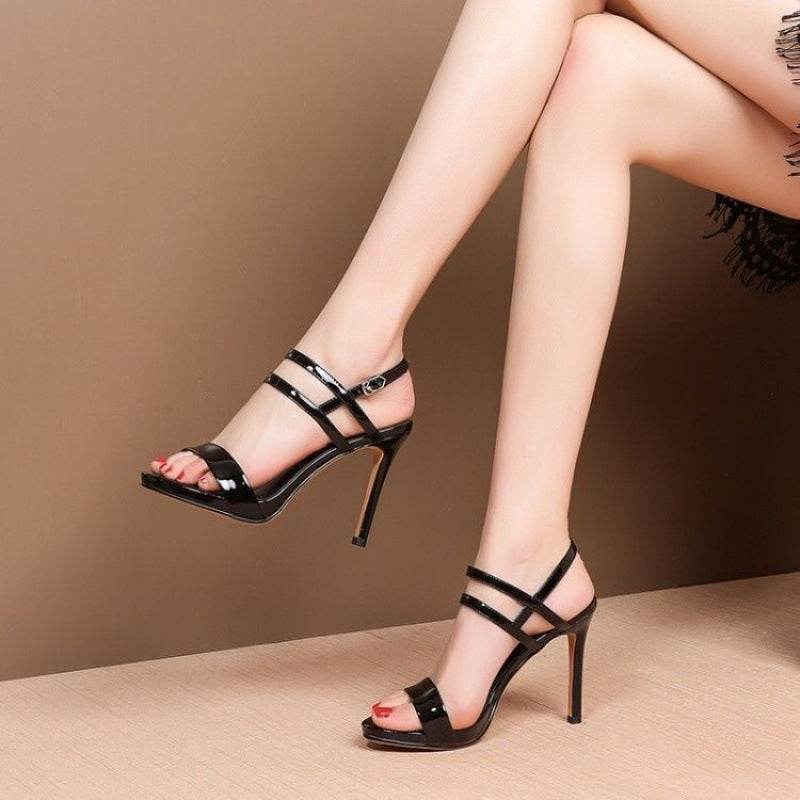 Women's Black Leather High Heel Sandals – Chic & Comfortable Buckle - MODISH X