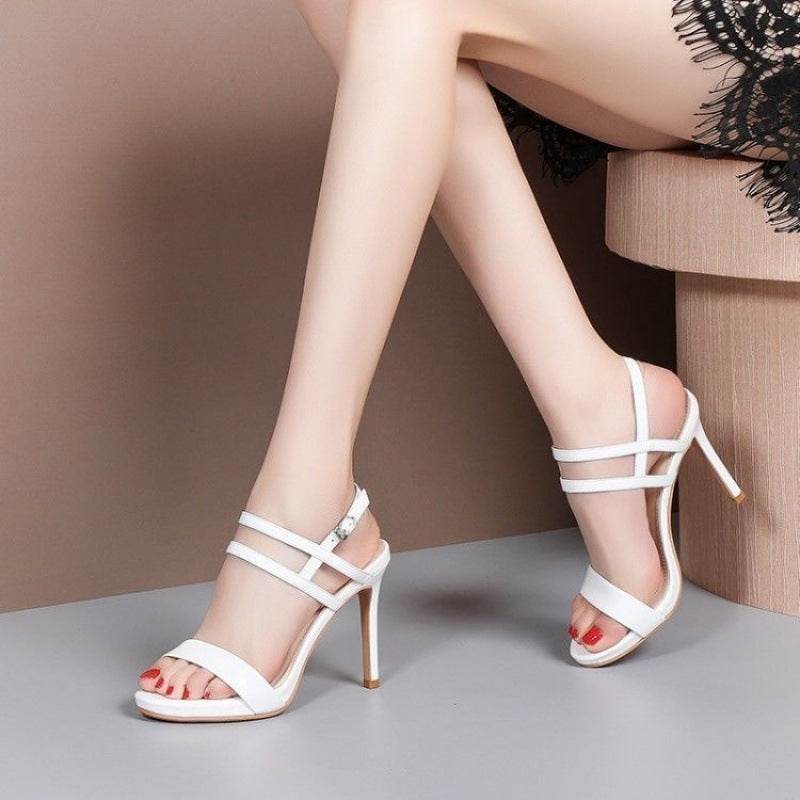 Women's Black Leather High Heel Sandals – Chic & Comfortable Buckle - MODISH X
