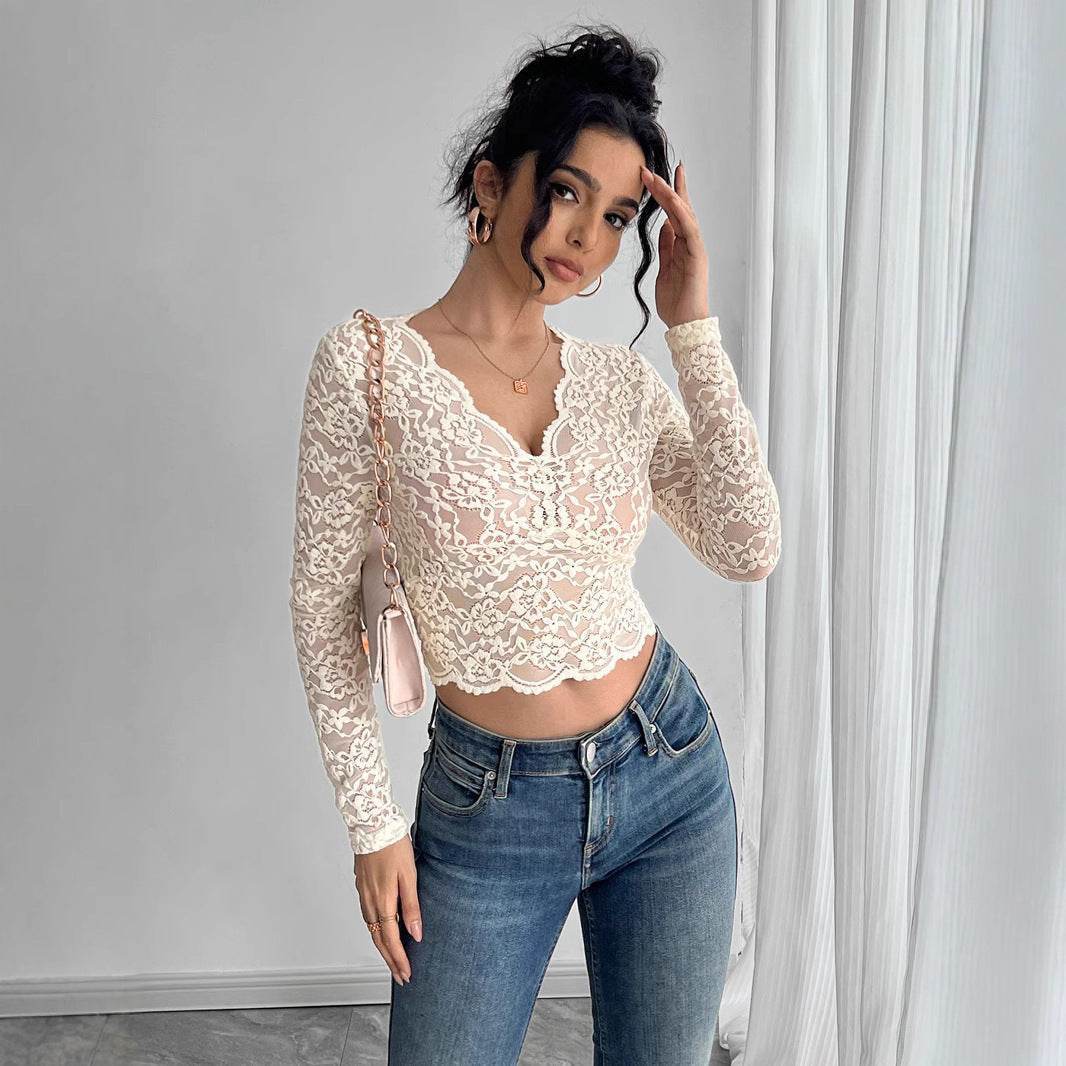 Women's Solid Lace V-Neck Long Sleeve Top – Elegant & Slim Fit - MODISH X