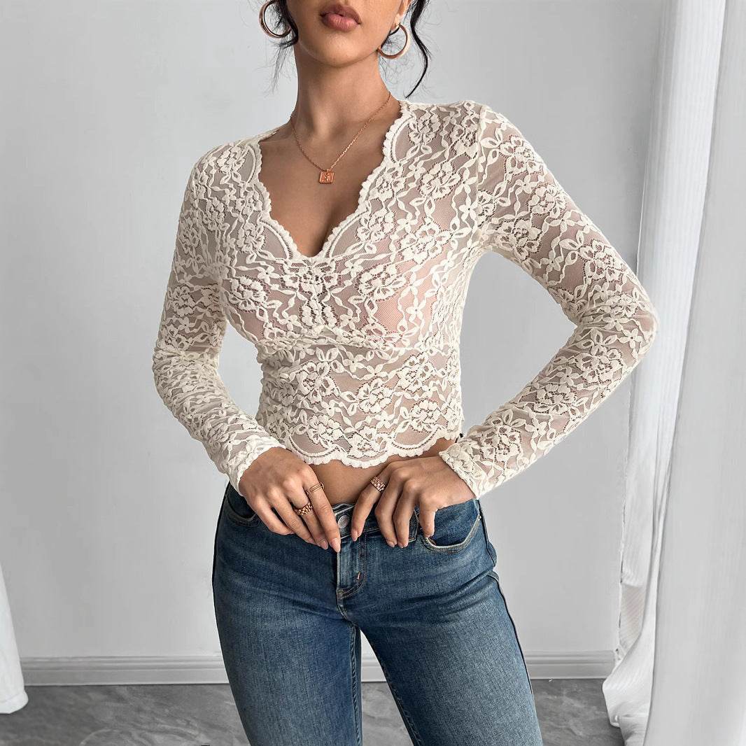 Women's Solid Lace V-Neck Long Sleeve Top – Elegant & Slim Fit - MODISH X