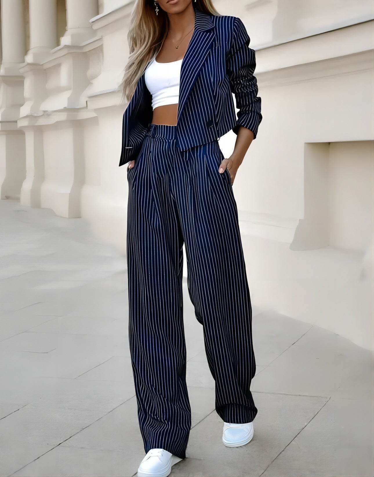 Women’s Fashion Striped Suits with Long Sleeve & Cropped Top - MODISH X