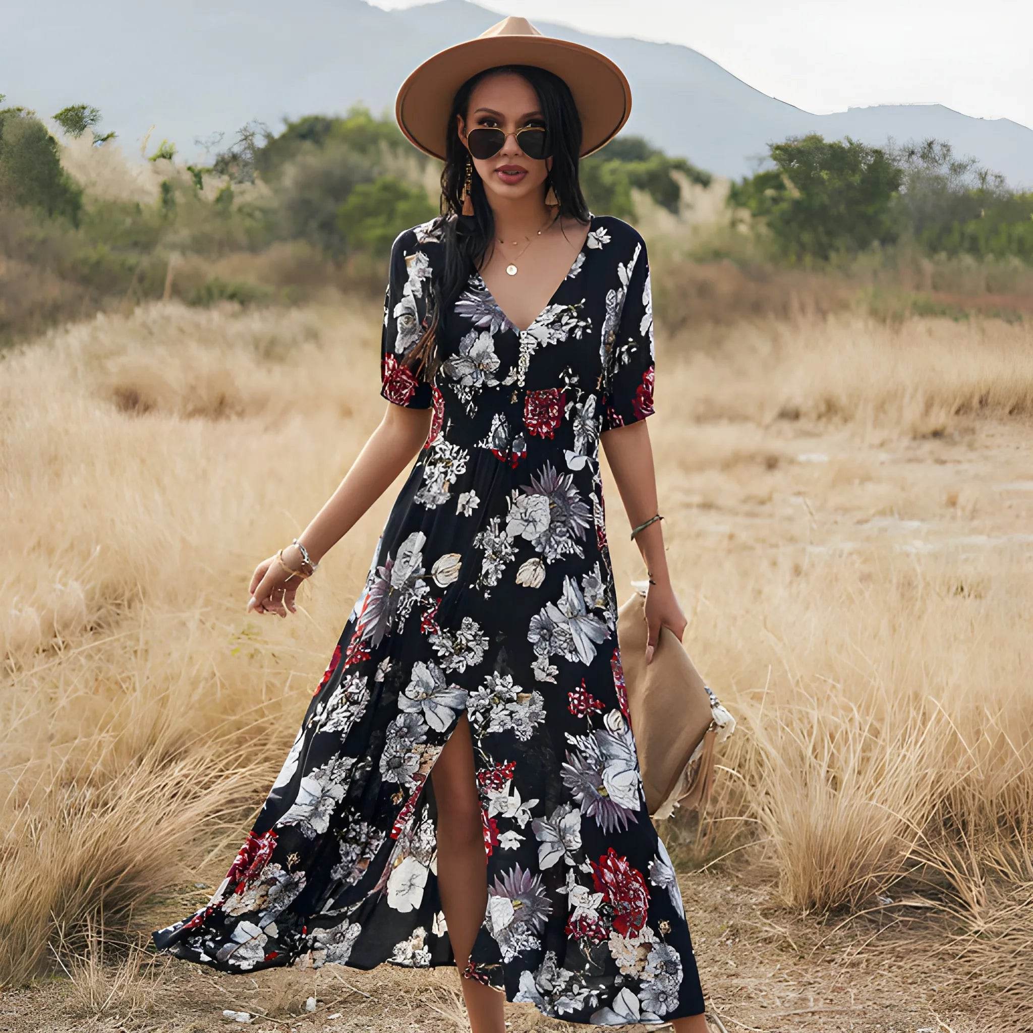 Women's Floral Summer Beach Dress – V-Neck Elastic Waist Style - MODISH X