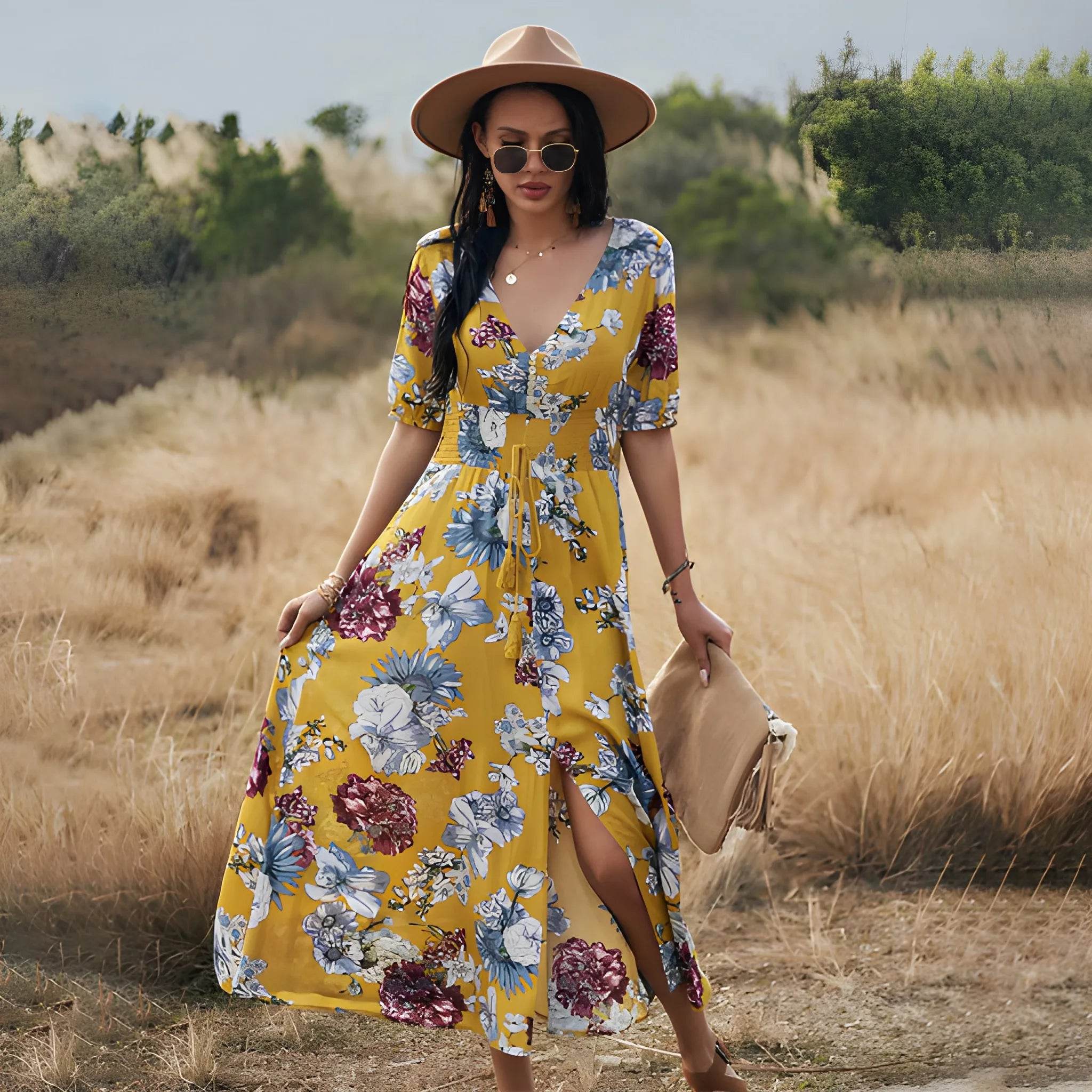 Women's Floral Summer Beach Dress – V-Neck Elastic Waist Style - MODISH X