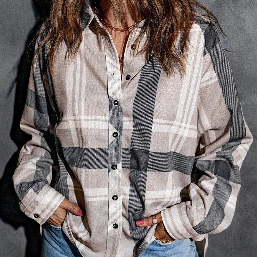 Women's Check Lapel Long Sleeve Shirt – Stylish Shacket Trend - MODISH X