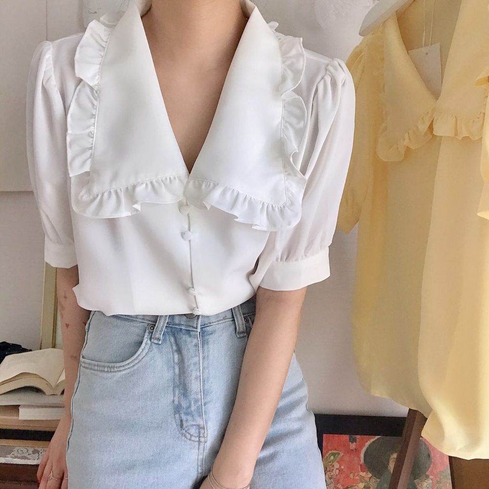 Women's Short White Chiffon Blouse with Ruffles – Stylish & Chic - MODISH X