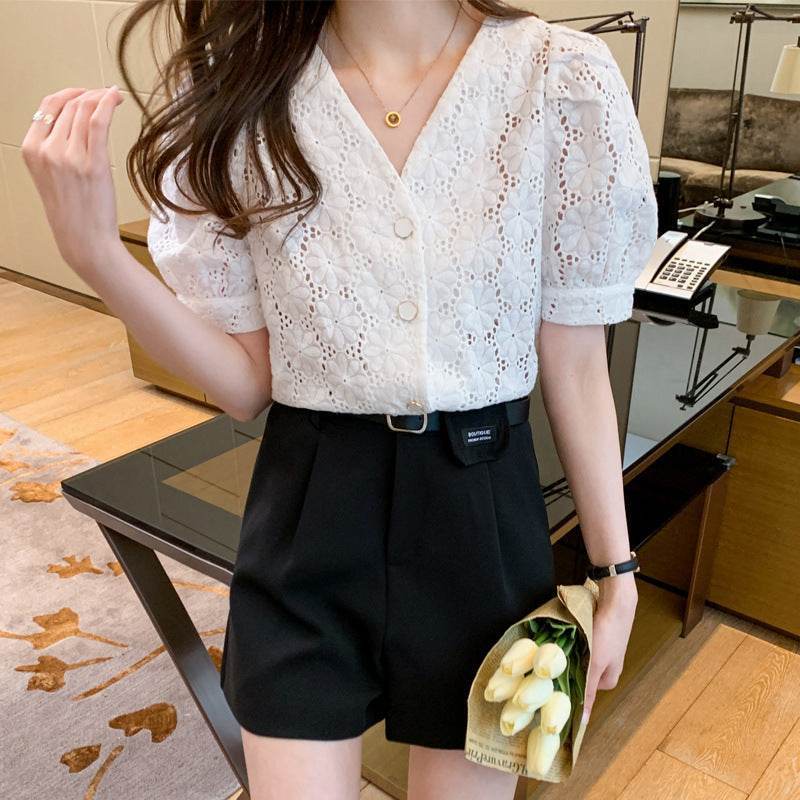 Women's V-Neck Puff Sleeve Lace Shirt – Elegant & Hollowed-Out Style - MODISH X
