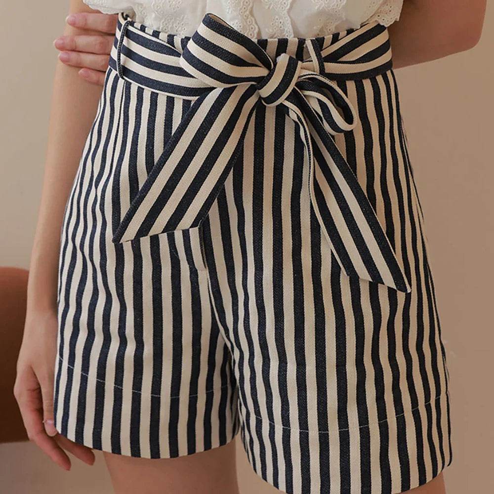 Women’s Vintage Stripe Lace-Up High Waist Shorts – Retro Summer Look - MODISH X