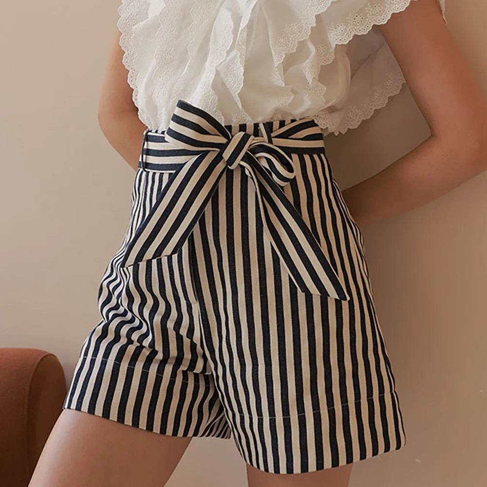 Women’s Vintage Stripe Lace-Up High Waist Shorts – Retro Summer Look - MODISH X