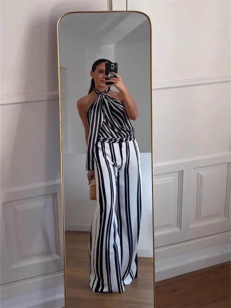 Women’s Stripe Halter Lace-Up Pants Suit – Trendy Summer Look - MODISH X