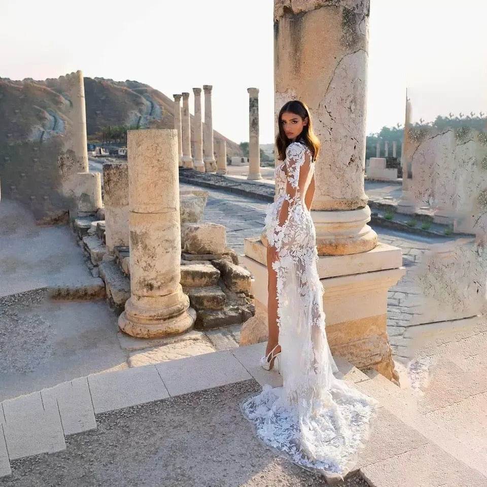 Women’s High-Neck Lace Wedding Gown – Elegant Boho Bridal Dress - MODISH X