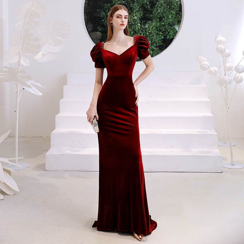 Women's Elegant Red Evening Dress with Velvet Fishtail Design - MODISH X