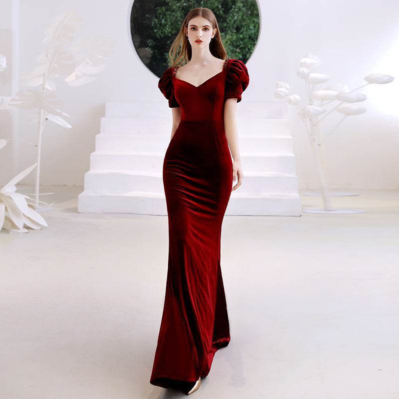 Women's Elegant Red Evening Dress with Velvet Fishtail Design - MODISH X