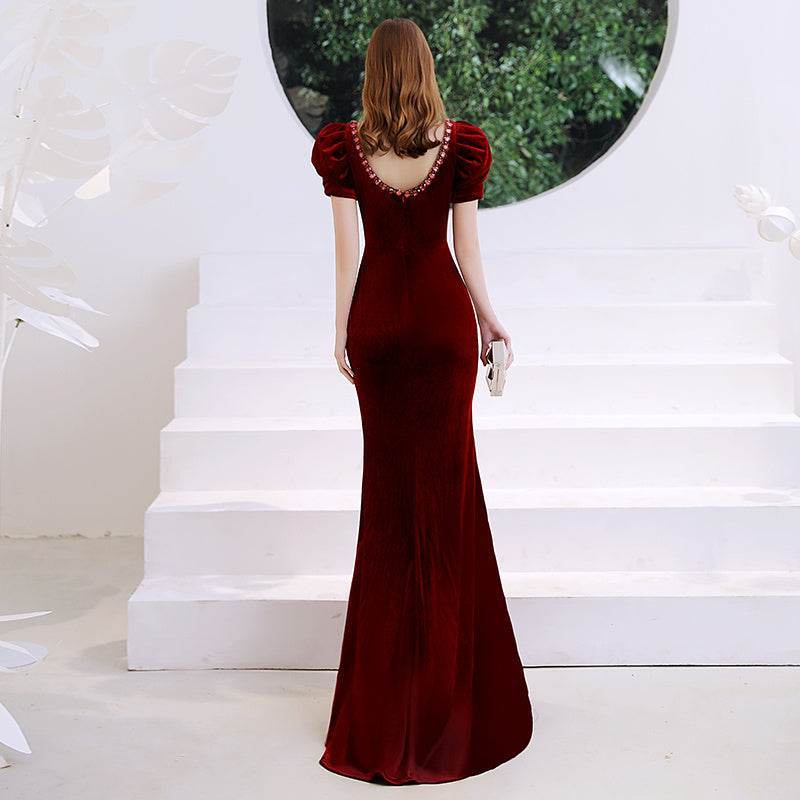 Women's Elegant Red Evening Dress with Velvet Fishtail Design - MODISH X