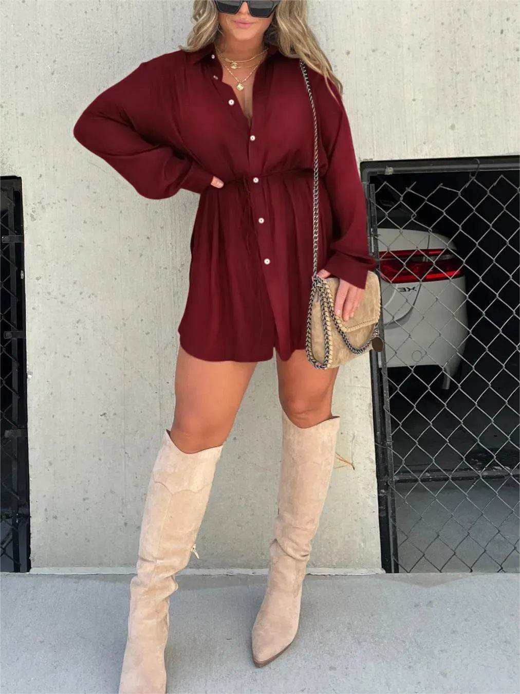 Women's Long Sleeve Jumpsuit with Button – Fashion Shirt Dress - MODISH X