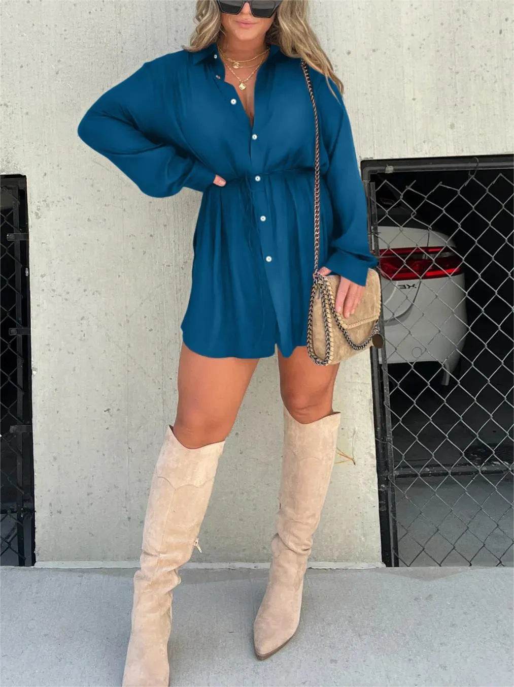 Women's Long Sleeve Jumpsuit with Button – Fashion Shirt Dress - MODISH X