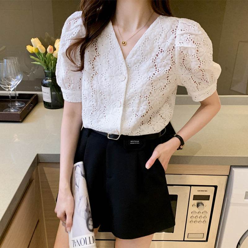 Women's V-Neck Puff Sleeve Lace Shirt – Elegant & Hollowed-Out Style - MODISH X