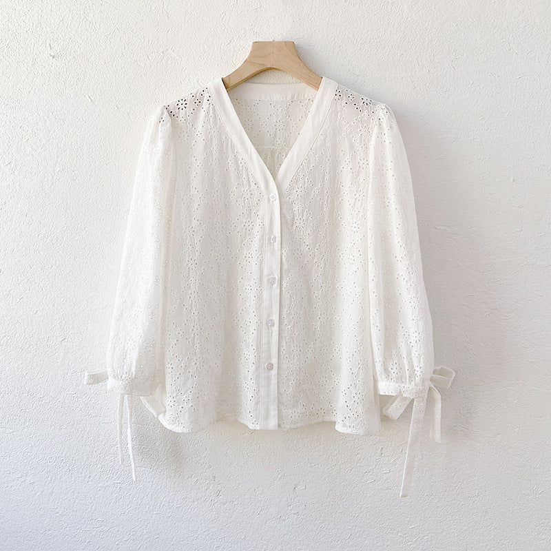 Women's French White Cotton Embroidered Shirt – Elegant & Chic Style