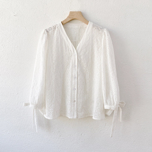 Women's French White Cotton Embroidered Shirt – Elegant & Chic Style