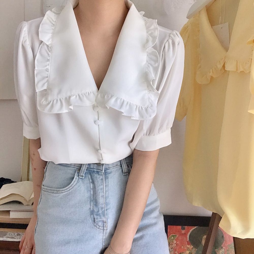 Women's Short White Chiffon Blouse with Ruffles – Stylish & Chic