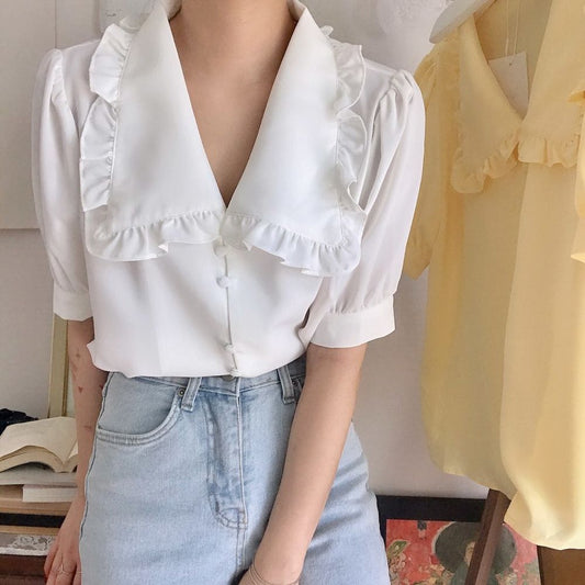 Women's Short White Chiffon Blouse with Ruffles – Stylish & Chic