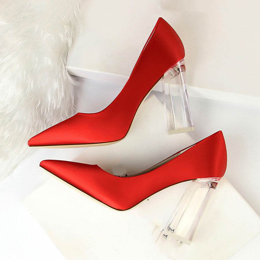 Women's Stiletto Satin Transparent Block High Heels – Elegant & Glamorous - MODISH X