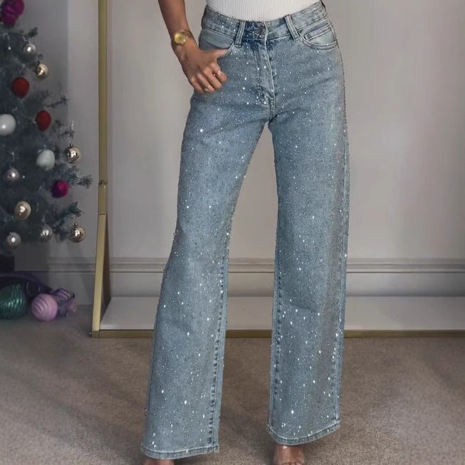 Women’s Full Rhinestone Denim Pants – Glamorous High Waist Street Style