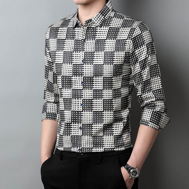 Men’s Long Sleeve T-Shirt – Trendy Plaid Lapel Shirt - MODISH X