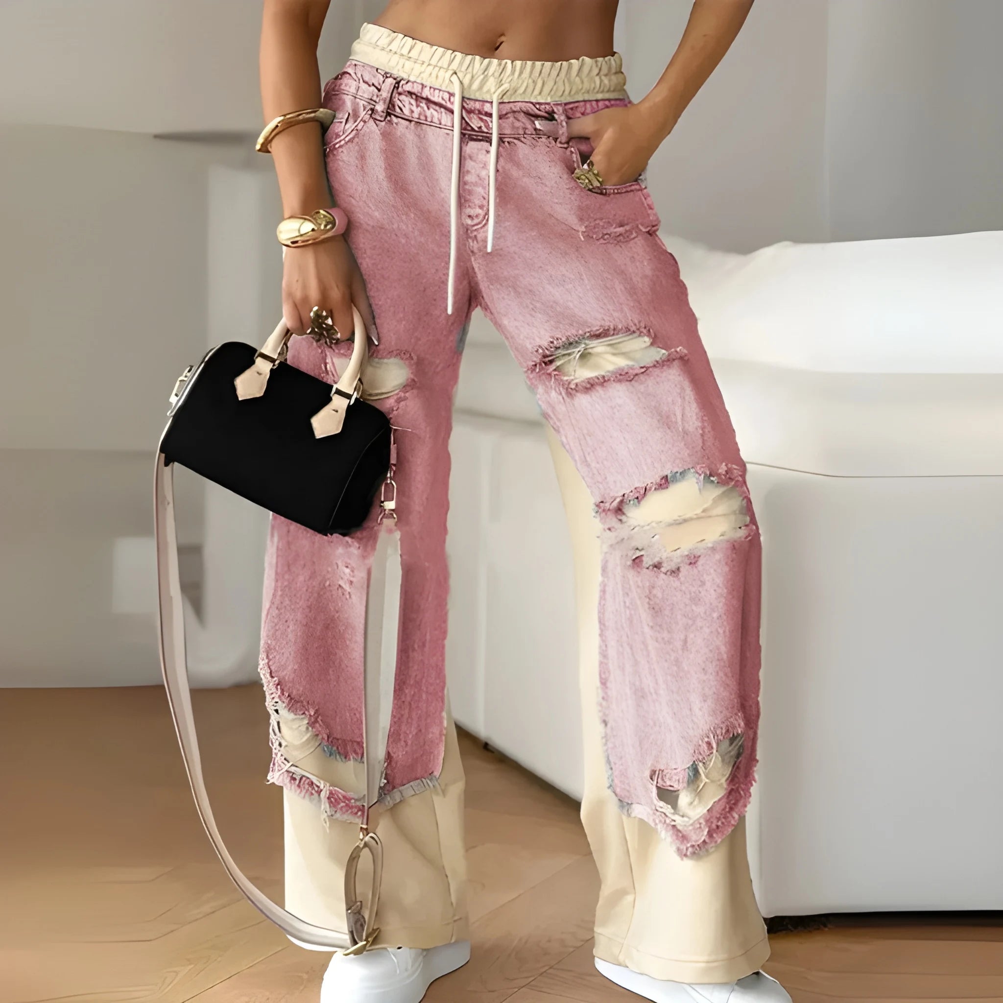 Women’s Ripped Patchwork Denim Trousers – Contrast Stitch Streetwear