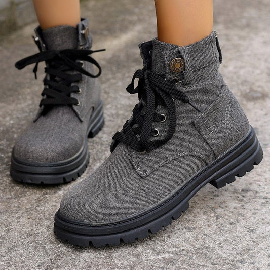 Women’s Denim Lace-Up Ankle Boots – Stylish & Comfortable