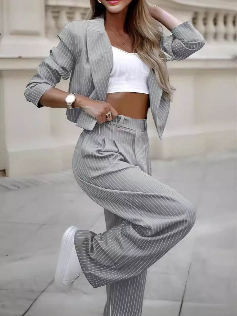 Women’s Fashion Striped Suits with Long Sleeve & Cropped Top - MODISH X