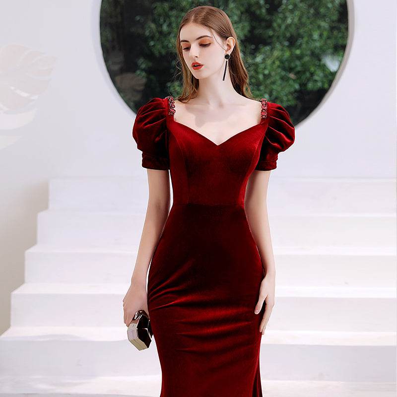 Women's Elegant Red Evening Dress with Velvet Fishtail Design - MODISH X