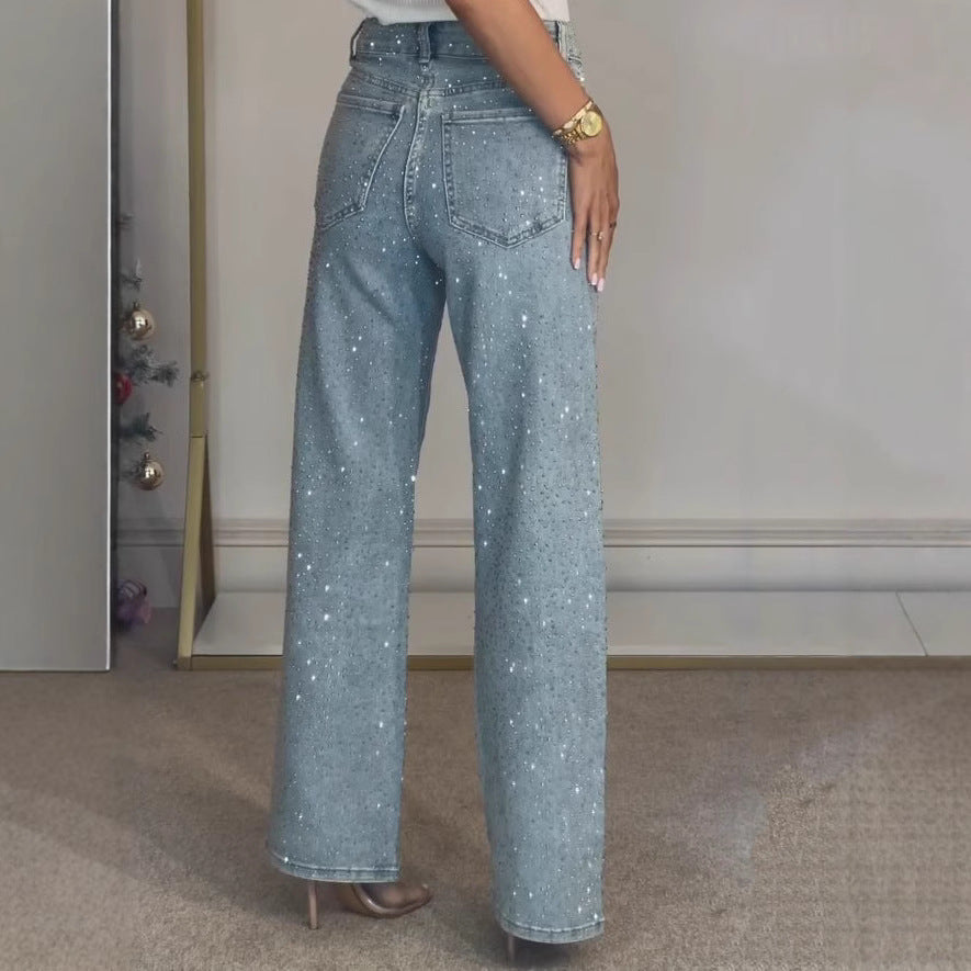 Women’s Full Rhinestone Denim Pants – Glamorous High Waist Street Style
