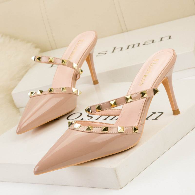 Leather Sandals for Women – Black Riveted High Heel Sandals - MODISH X
