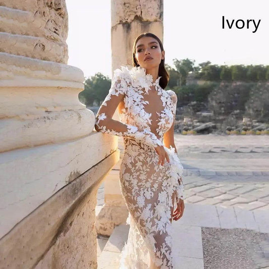 Women’s High-Neck Lace Wedding Gown – Elegant Boho Bridal Dress - MODISH X