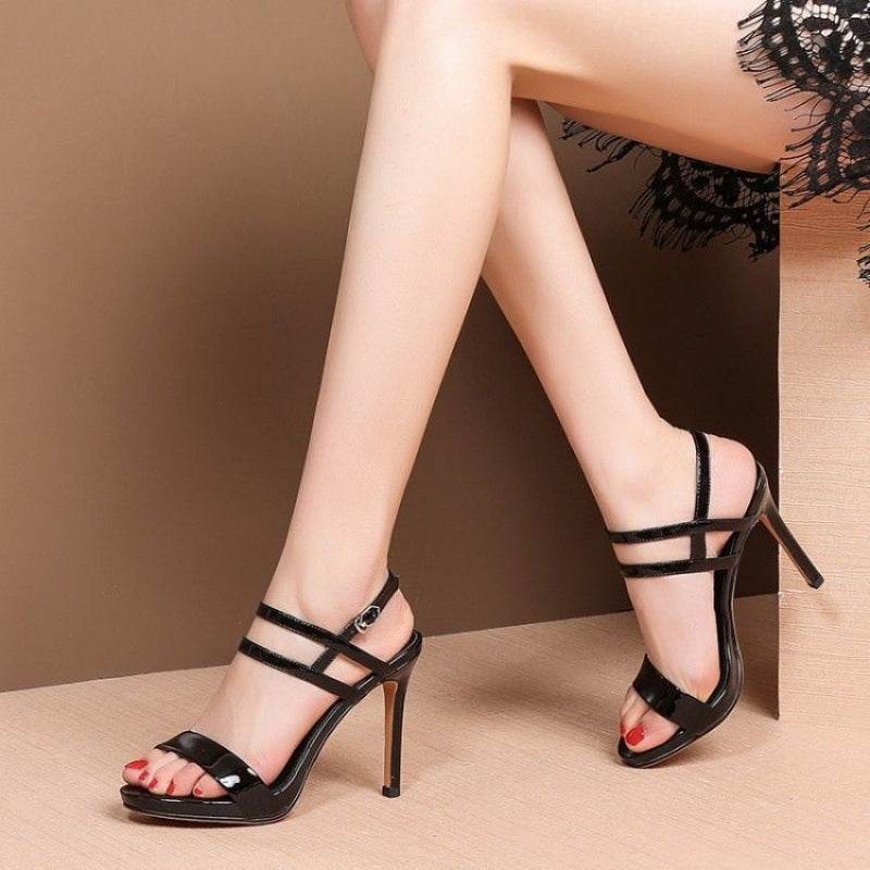 Women's Black Leather High Heel Sandals – Chic & Comfortable Buckle - MODISH X