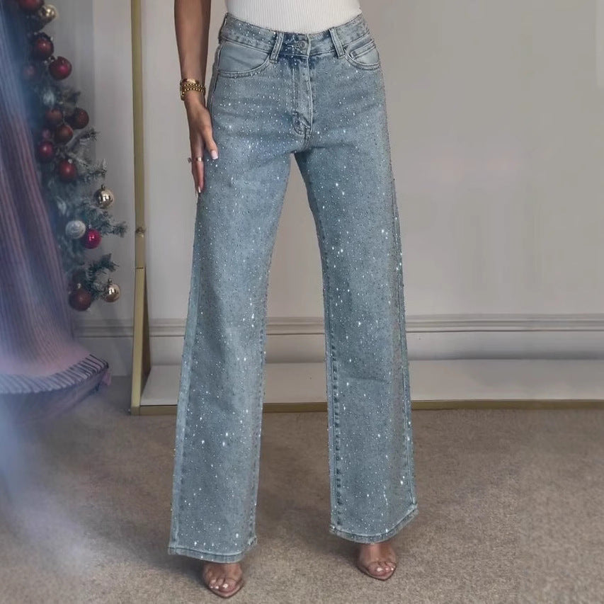 Women’s Full Rhinestone Denim Pants – Glamorous High Waist Street Style
