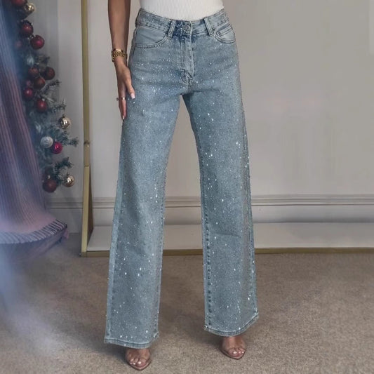Women’s Full Rhinestone Denim Pants – Glamorous High Waist Street Style