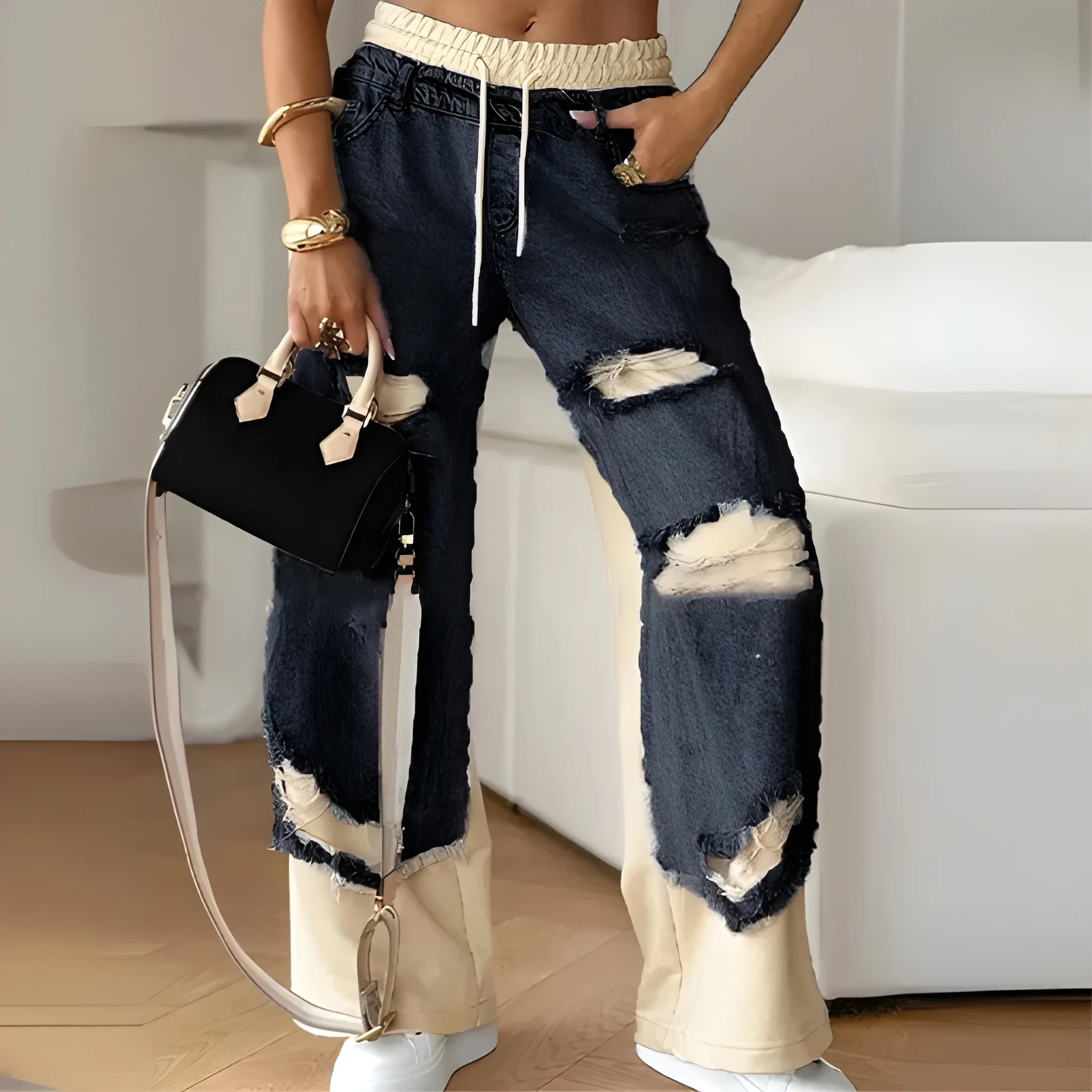 Women’s Ripped Patchwork Denim Trousers – Contrast Stitch Streetwear