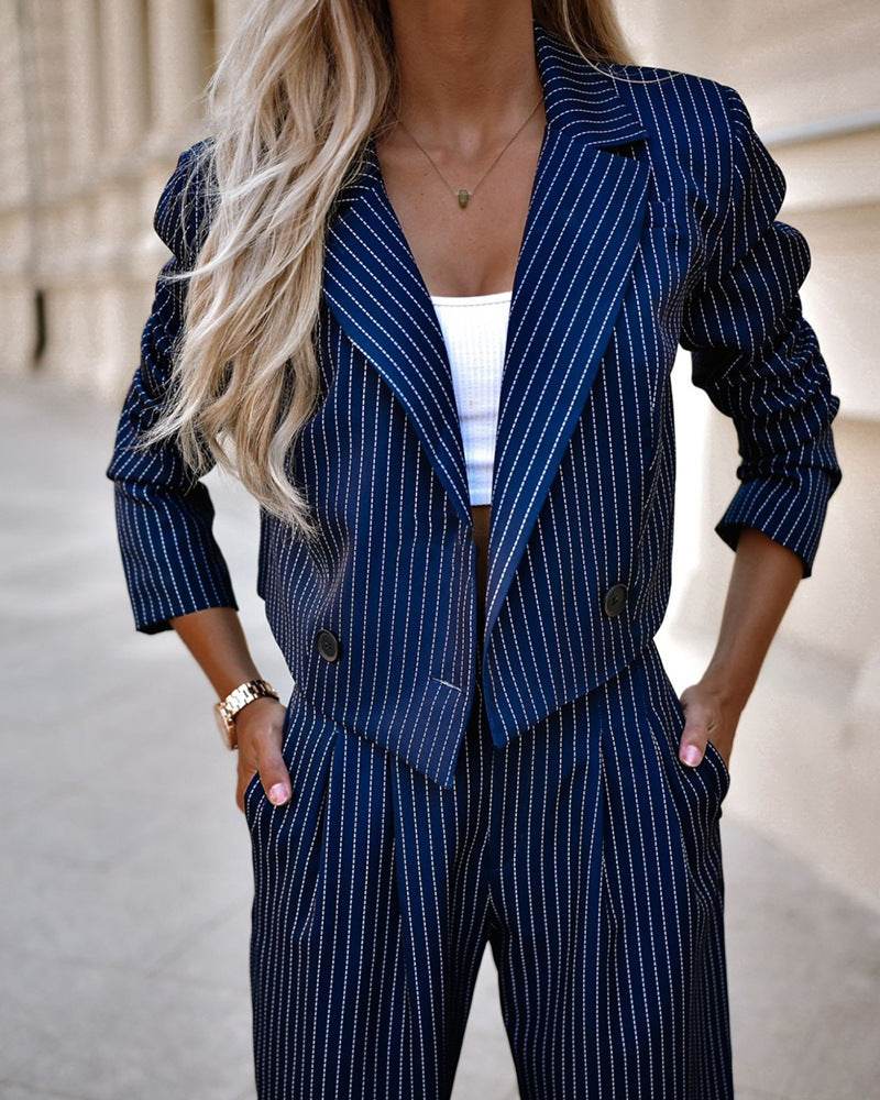 Women’s Fashion Striped Suits with Long Sleeve & Cropped Top - MODISH X